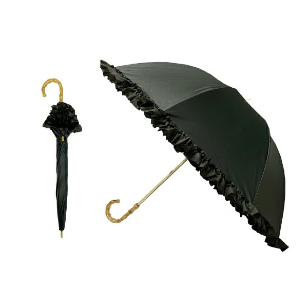 深張り日傘 フリル 直径85cm 晴雨兼用傘 長傘 ブラック