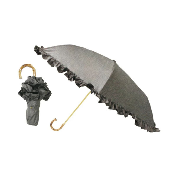 日傘 完全遮光100折りたたみジャンプ傘 フリル 直径89cm 晴雨兼用傘 リネン風グレー