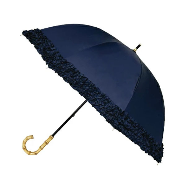 日傘 完全遮光100 深張り長傘 ミニフリル 直径77cm 晴雨兼用傘 長傘 ネイビー