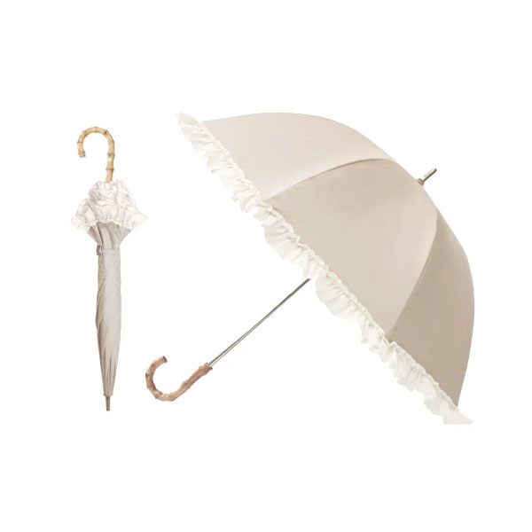 深張り日傘 フリル 直径85cm 晴雨兼用傘 長傘 ラテベージュ×オフホワイト