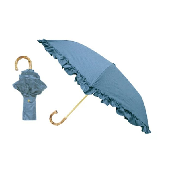 日傘 完全遮光100折りたたみジャンプ傘 フリル 直径88cm 晴雨兼用傘 デニム風ブルー